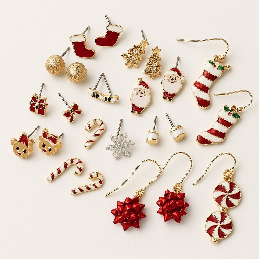 ❄️ Torrid | Gold-Tone Red & White Holiday Earrings Set - Set of 15